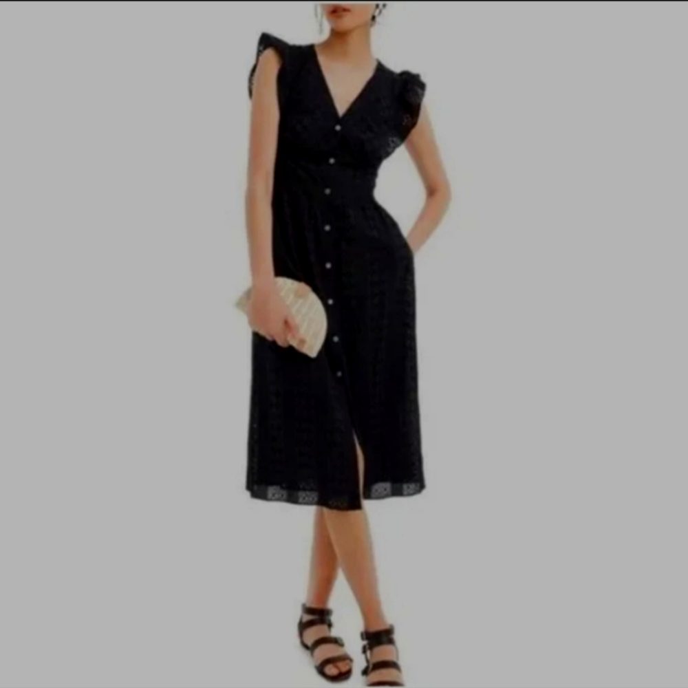 J. Crew Black Eyelet Flutter Sleeve Midi Dress Size 12